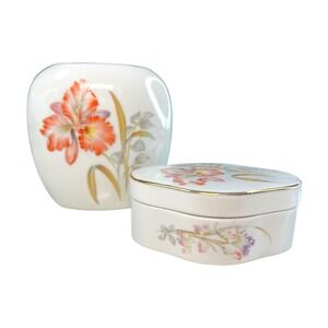 Vintage Otagiri Japan Porcelain Vanity Set Vase Trinket Box Dish Hand Painted